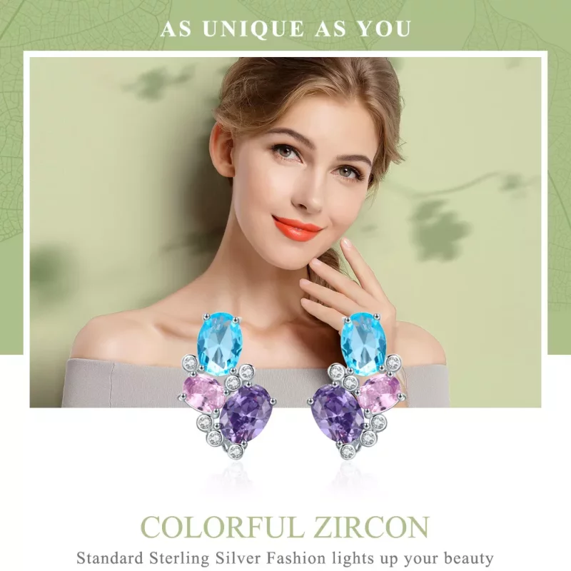 (imagen para) aretes de estilo Pandora en color plateado con zirconias coloridas - SCE579 - Ver 2