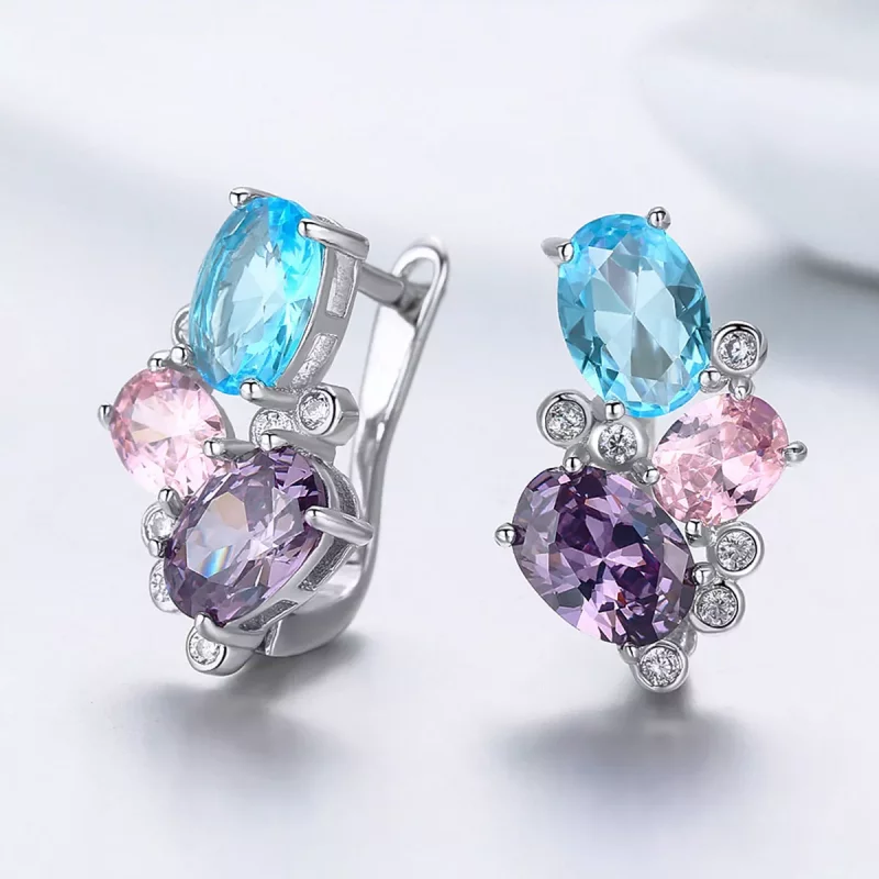 (imagen para) aretes de estilo Pandora en color plateado con zirconias coloridas - SCE579 - Ver 3