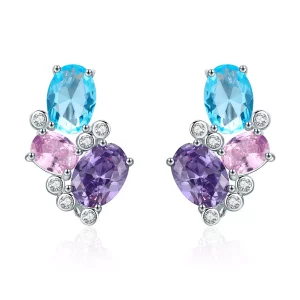 aretes de estilo Pandora en color plateado con zirconias coloridas - SCE579 (imagen para) aretes de estilo Pandora en color plateado con zirconias coloridas - SCE579