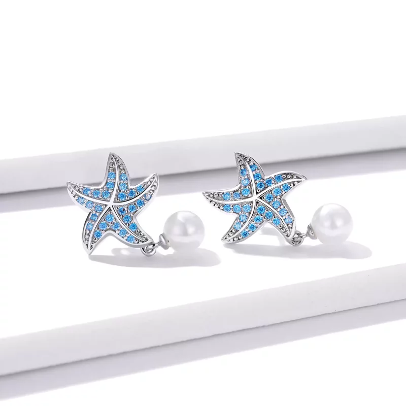 (imagen para) Aretes de estrella de mar plateada estilo Pandora con perlas - BSE405 - Ver 2