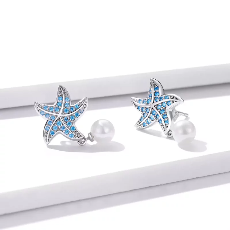 (imagen para) Aretes de estrella de mar plateada estilo Pandora con perlas - BSE405 - Ver 3