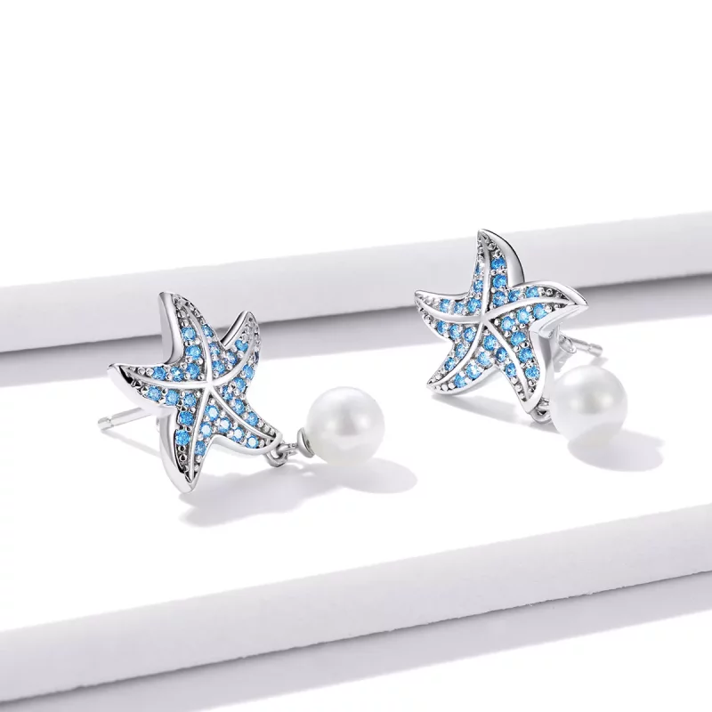 (imagen para) Aretes de estrella de mar plateada estilo Pandora con perlas - BSE405 - Ver 4