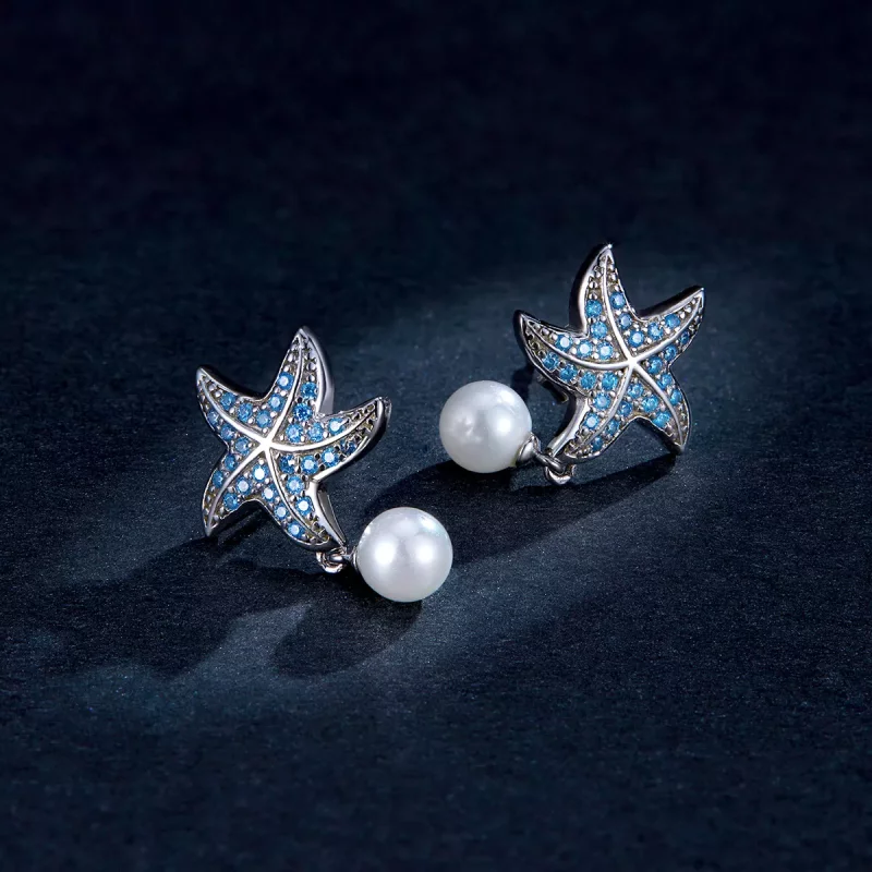 (imagen para) Aretes de estrella de mar plateada estilo Pandora con perlas - BSE405 - Ver 5