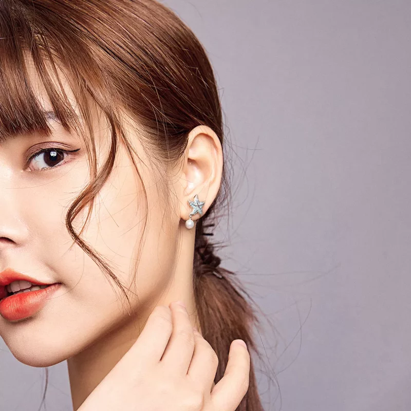 (imagen para) Aretes de estrella de mar plateada estilo Pandora con perlas - BSE405 - Ver 6