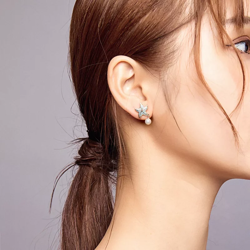 (imagen para) Aretes de estrella de mar plateada estilo Pandora con perlas - BSE405 - Ver 8