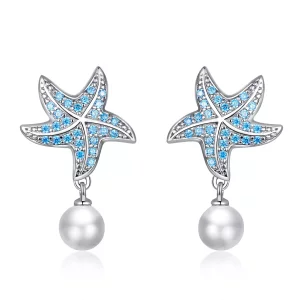 (imagen para) Aretes de estrella de mar plateada estilo Pandora con perlas - BSE405