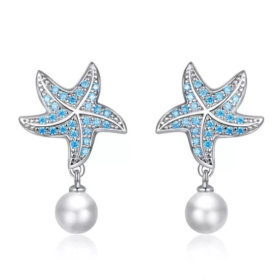 (imagen para) Aretes de estrella de mar plateada estilo Pandora con perlas - BSE405