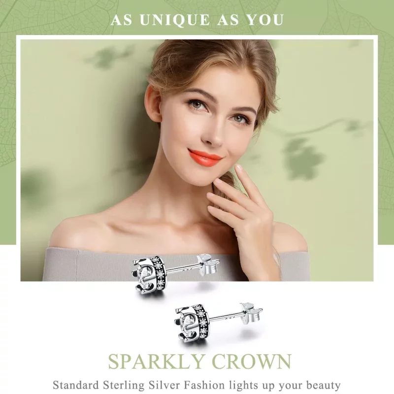 (imagen para) aretes de estudio estilo Pandora plateados con destelde corona - SCE311 - Ver 2