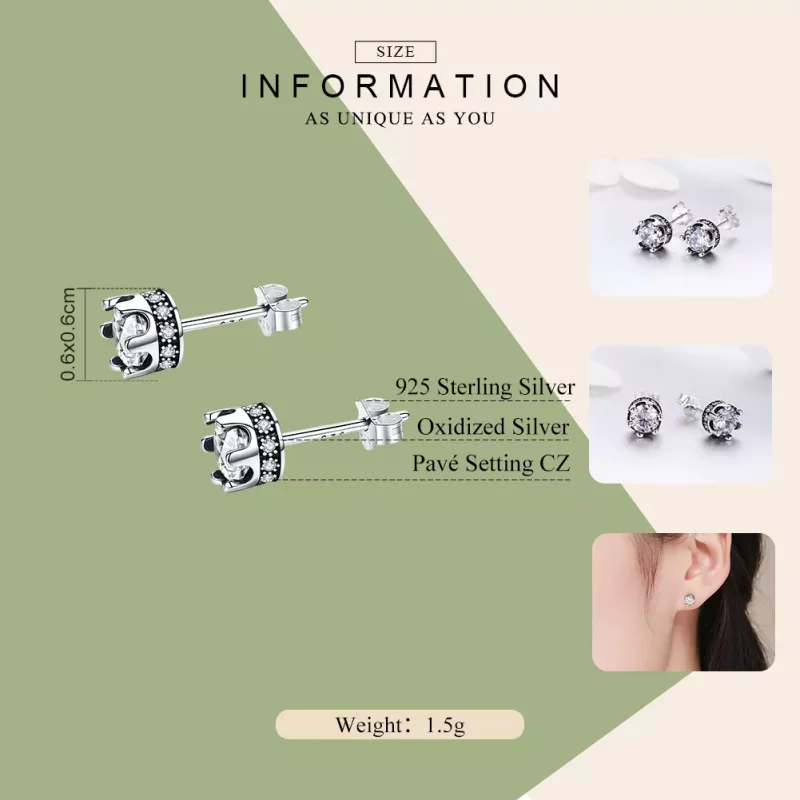 (imagen para) aretes de estudio estilo Pandora plateados con destelde corona - SCE311 - Ver 4