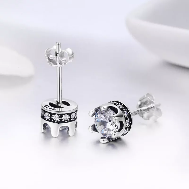 (imagen para) aretes de estudio estilo Pandora plateados con destelde corona - SCE311 - Ver 5