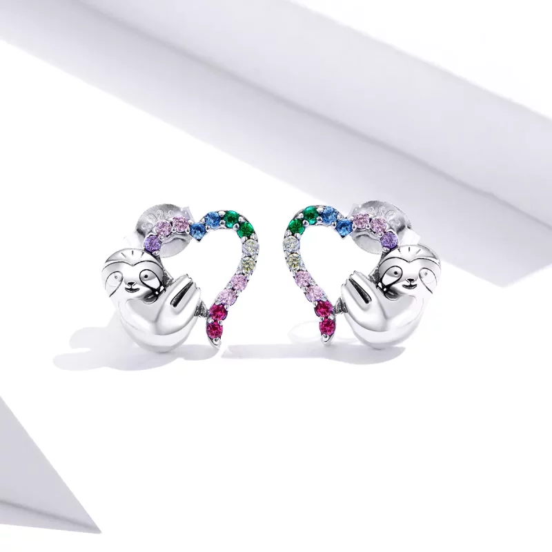 (imagen para) Aretes de perezoso pequeño en forma de corazón de plata estilo Pandora - SCE885 - Ver 2