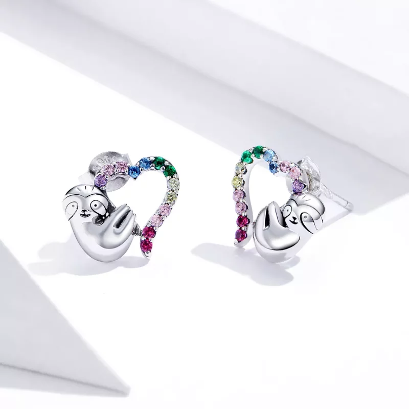 (imagen para) Aretes de perezoso pequeño en forma de corazón de plata estilo Pandora - SCE885 - Ver 3