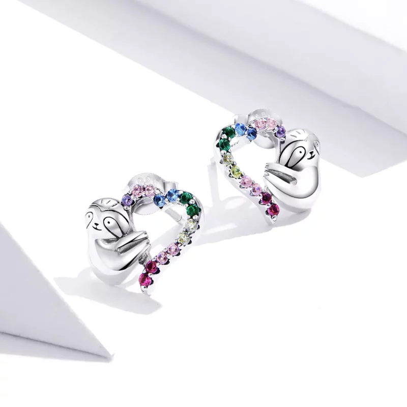 (imagen para) Aretes de perezoso pequeño en forma de corazón de plata estilo Pandora - SCE885 - Ver 4
