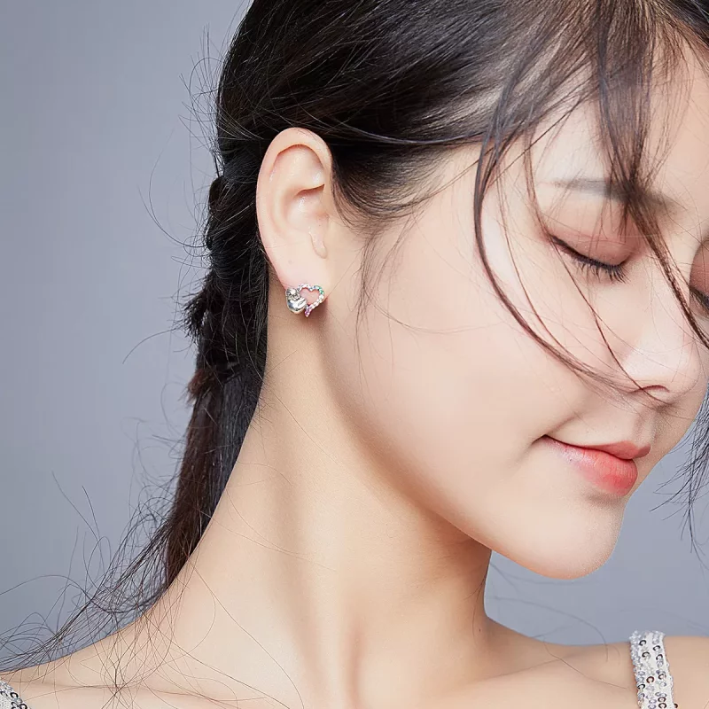 (imagen para) Aretes de perezoso pequeño en forma de corazón de plata estilo Pandora - SCE885 - Ver 6