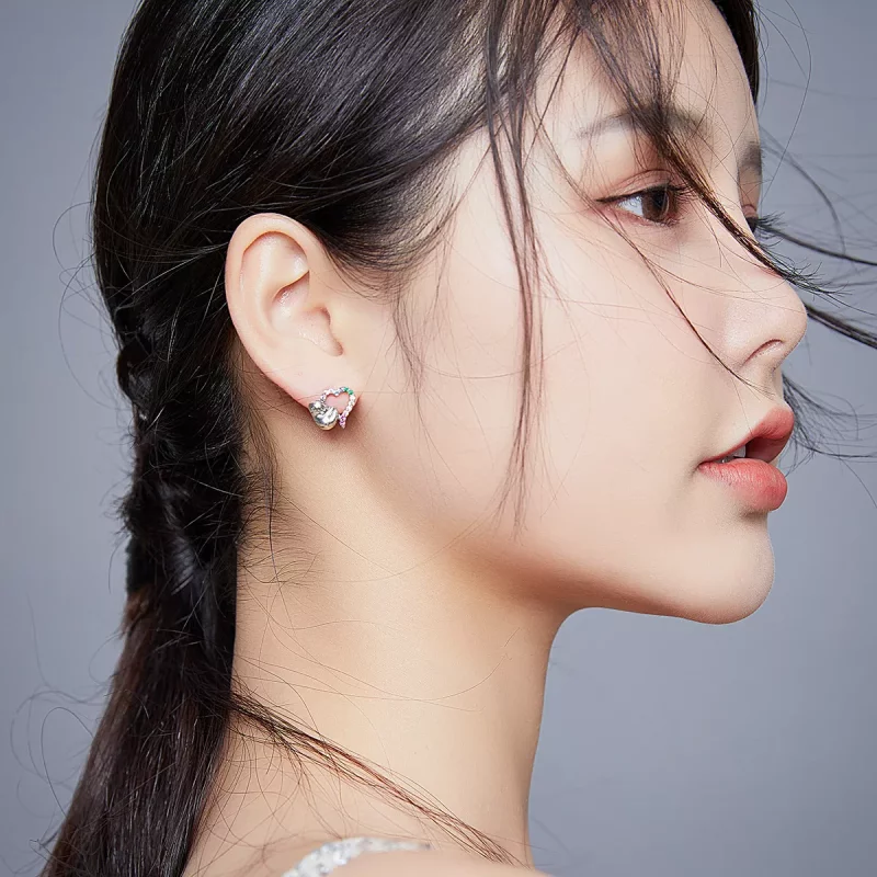 (imagen para) Aretes de perezoso pequeño en forma de corazón de plata estilo Pandora - SCE885 - Ver 7