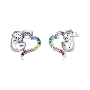 Aretes de perezoso pequeño en forma de corazón de plata estilo Pandora - SCE885 (imagen para) Aretes de perezoso pequeño en forma de corazón de plata estilo Pandora - SCE885