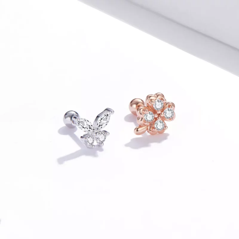 (imagen para) Aretes estilo Pandora bicolor de dos tonos con hierba de la suerte y mariposas - - Ver 2