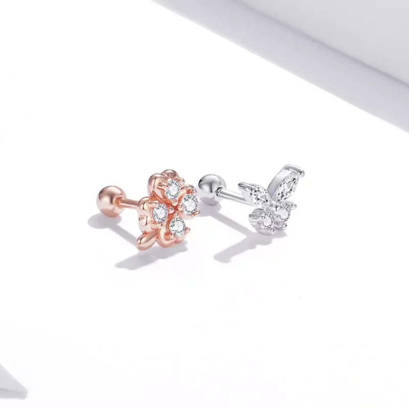 (imagen para) Aretes estilo Pandora bicolor de dos tonos con hierba de la suerte y mariposas - - Ver 3