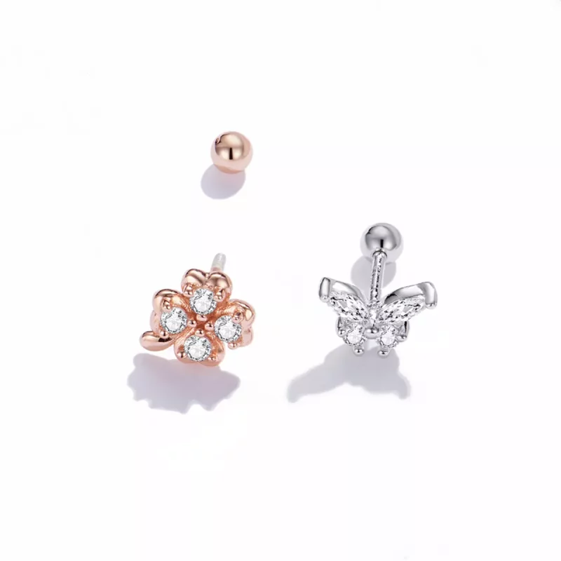 (imagen para) Aretes estilo Pandora bicolor de dos tonos con hierba de la suerte y mariposas - - Ver 4