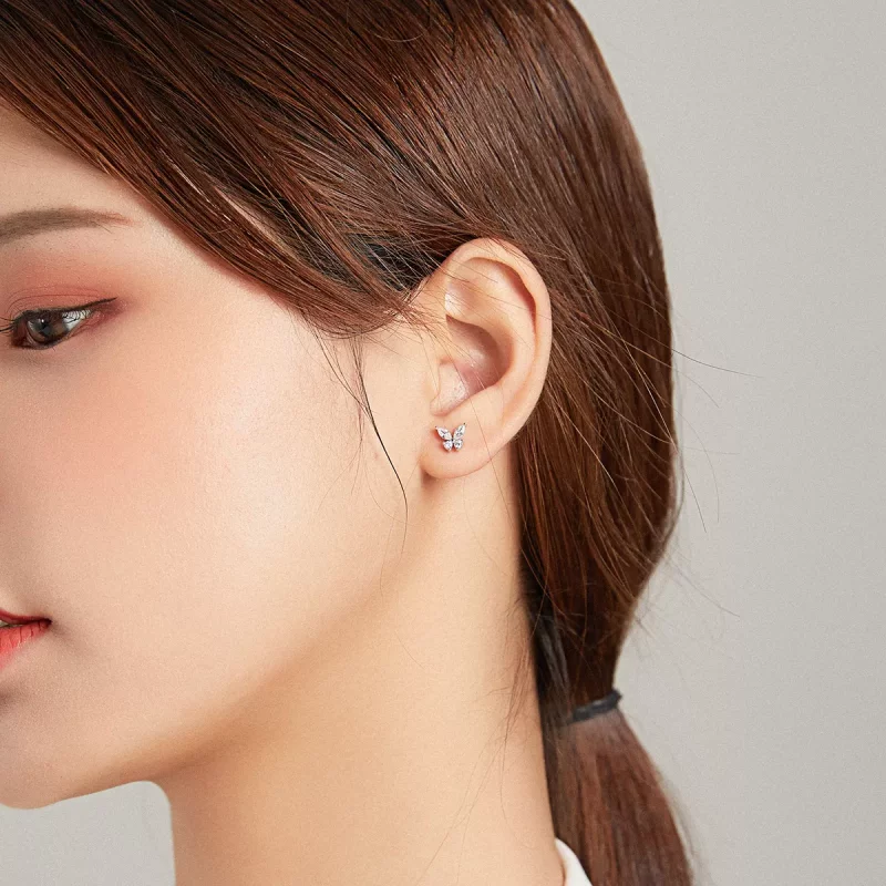 (imagen para) Aretes estilo Pandora bicolor de dos tonos con hierba de la suerte y mariposas - - Ver 6
