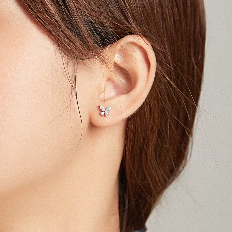 (imagen para) Aretes estilo Pandora bicolor de dos tonos con hierba de la suerte y mariposas - - Ver 7