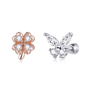 (imagen para) Aretes estilo Pandora bicolor de dos tonos con hierba de la suerte y mariposas - SCE1008