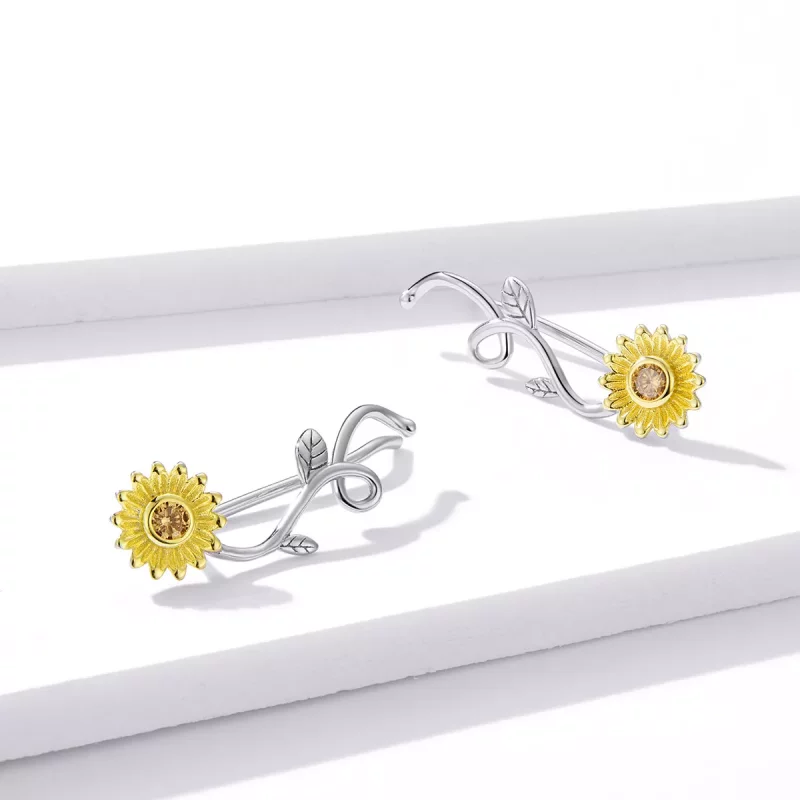 (imagen para) Aretes tipo margarita fresca bicolor en dos tonos estilo Pandora - BSE394 - Ver 3