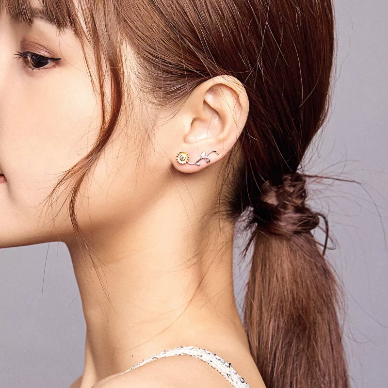 (imagen para) Aretes tipo margarita fresca bicolor en dos tonos estilo Pandora - BSE394 - Ver 6