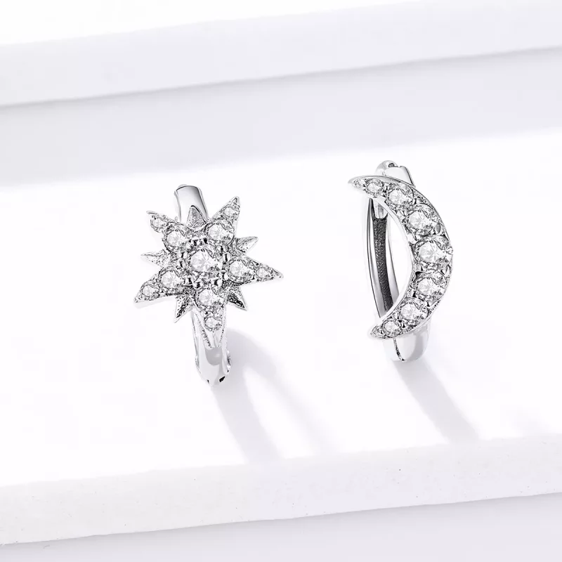 (imagen para) Aros de aro plateados de estilo Pandora con luna y estrella - BSE289 - Ver 2