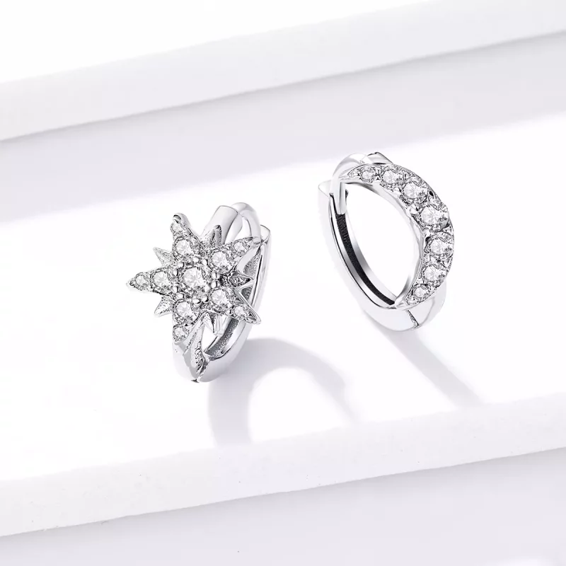 (imagen para) Aros de aro plateados de estilo Pandora con luna y estrella - BSE289 - Ver 4