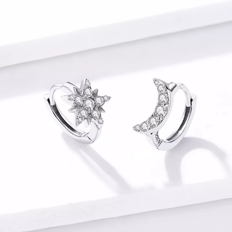 (imagen para) Aros de aro plateados de estilo Pandora con luna y estrella - BSE289 - Ver 5