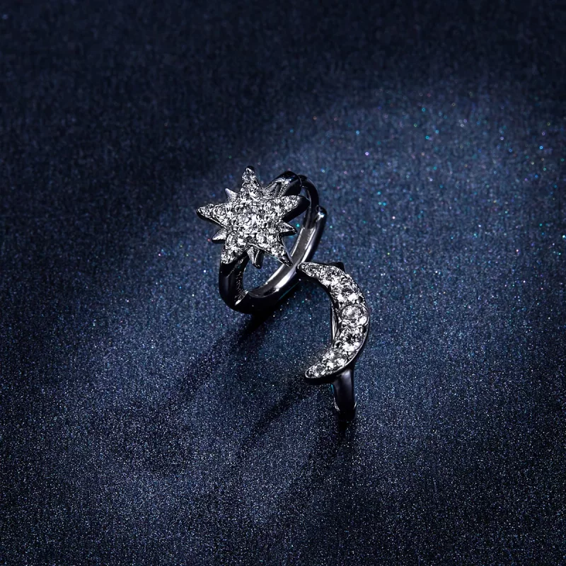 (imagen para) Aros de aro plateados de estilo Pandora con luna y estrella - BSE289 - Ver 6