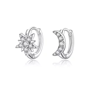 (imagen para) Aros de aro plateados de estilo Pandora con luna y estrella - BSE289