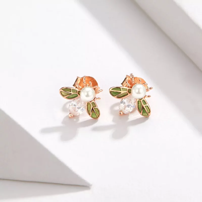 (imagen para) Estilo Pandora en forma de abeja de oro rosa con pendientes de perla - SCE643 - Ver 2