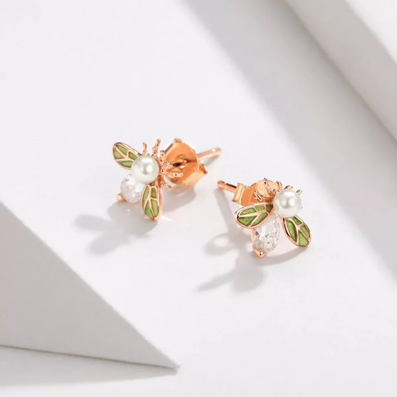 (imagen para) Estilo Pandora en forma de abeja de oro rosa con pendientes de perla - SCE643 - Ver 4