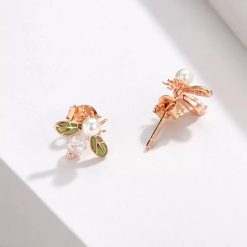 (imagen para) Estilo Pandora en forma de abeja de oro rosa con pendientes de perla - SCE643 - Ver 5