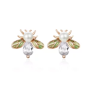 (imagen para) Estilo Pandora en forma de abeja de oro rosa con pendientes de perla - SCE643
