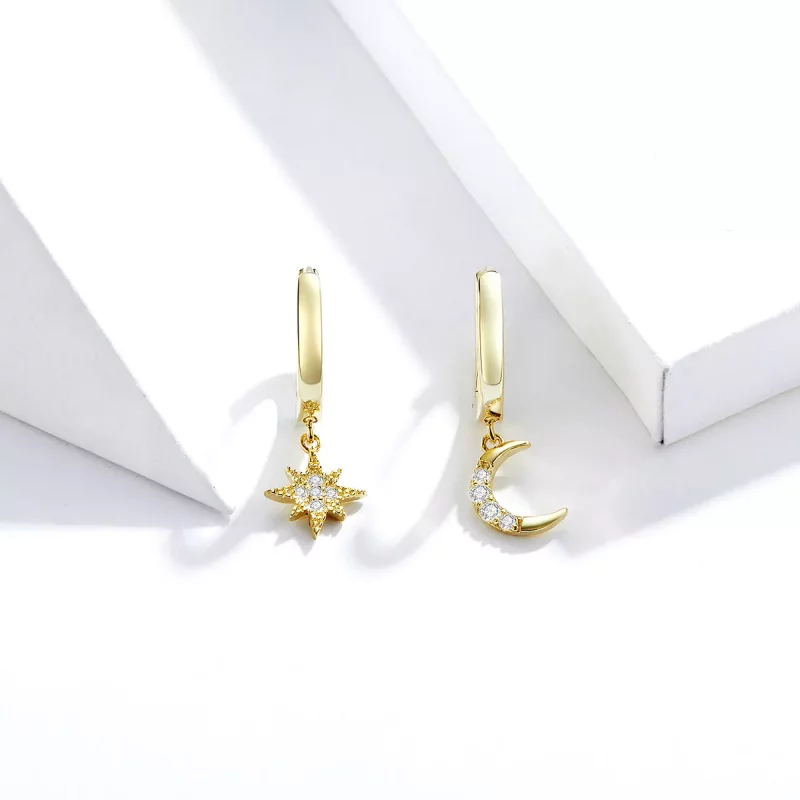 (imagen para) Estilo Pandora Pendientes colgantes Luna y Estrella bañados en oro de 18 quilate - Ver 3
