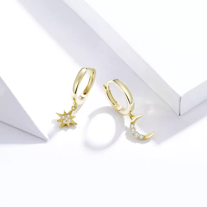 (imagen para) Estilo Pandora Pendientes colgantes Luna y Estrella bañados en oro de 18 quilate - Ver 4