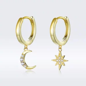 (imagen para) Estilo Pandora Pendientes colgantes Luna y Estrella bañados en oro de 18 quilates - SCE785