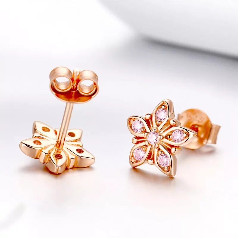 (imagen para) Estilo Pandora Pendientes de Botón en Rosa Dorado con Margaritas - BSE034 - Ver 2