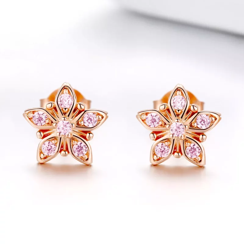 (imagen para) Estilo Pandora Pendientes de Botón en Rosa Dorado con Margaritas - BSE034 - Ver 3