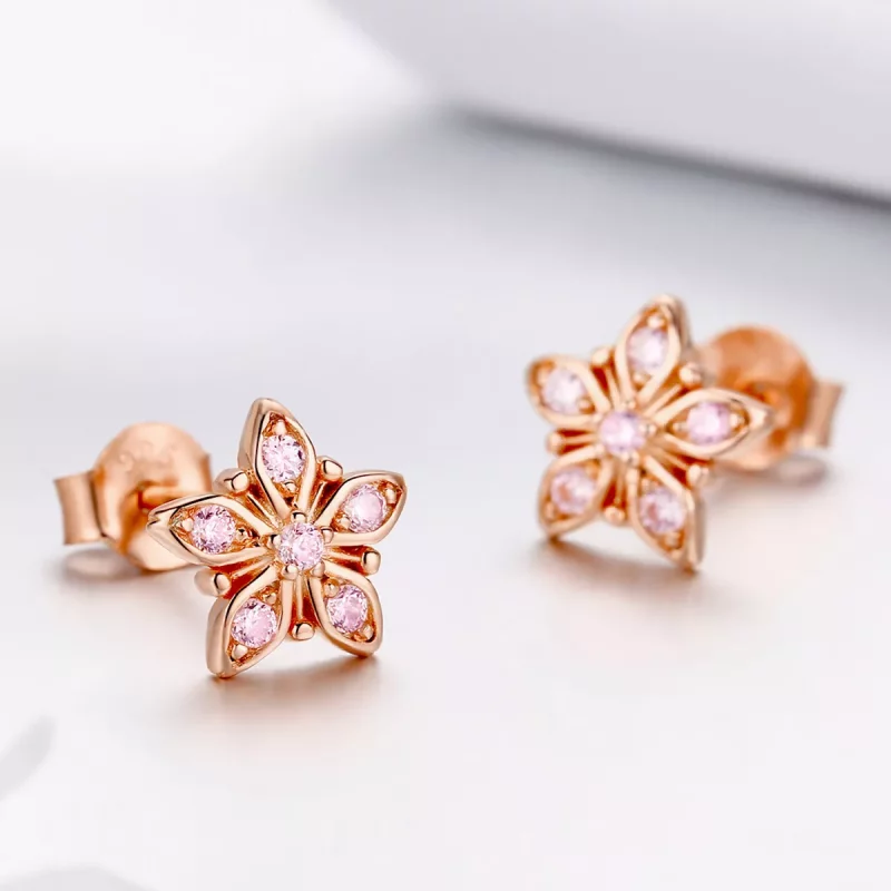 (imagen para) Estilo Pandora Pendientes de Botón en Rosa Dorado con Margaritas - BSE034 - Ver 4