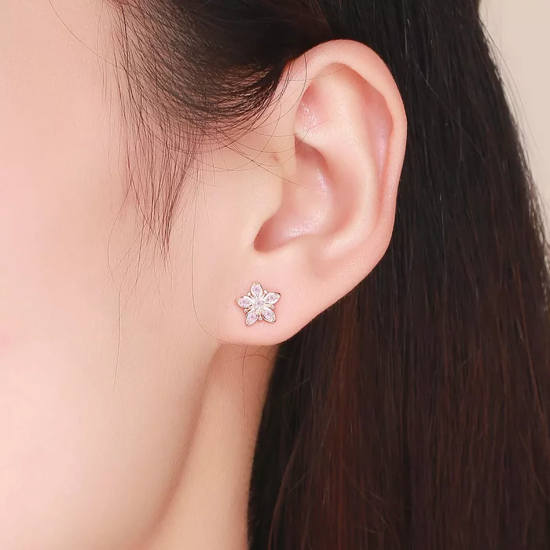(imagen para) Estilo Pandora Pendientes de Botón en Rosa Dorado con Margaritas - BSE034 - Ver 5