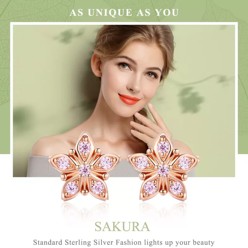 (imagen para) Estilo Pandora Pendientes de Botón en Rosa Dorado con Margaritas - BSE034 - Ver 6