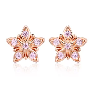 (imagen para) Estilo Pandora Pendientes de Botón en Rosa Dorado con Margaritas - BSE034