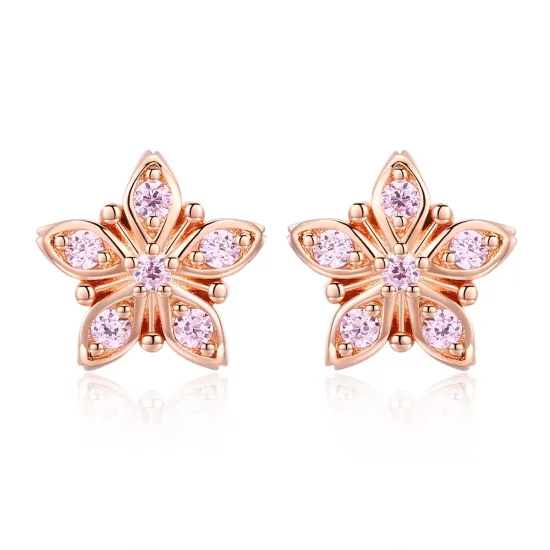 (imagen para) Estilo Pandora Pendientes de Botón en Rosa Dorado con Margaritas - BSE034