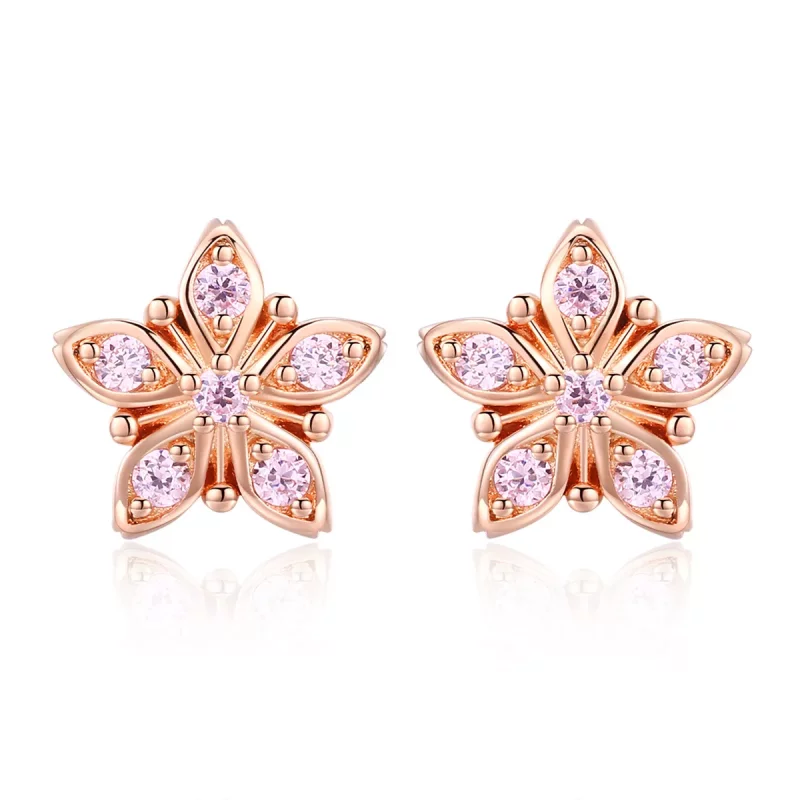 (imagen para) Estilo Pandora Pendientes de Botón en Rosa Dorado con Margaritas - BSE034