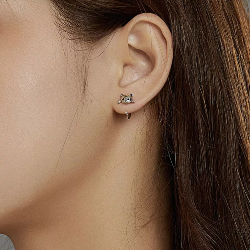 (imagen para) Estilo Pandora Plata Lindos Pendientes de Aro con Gato - SCE965 - Ver 5