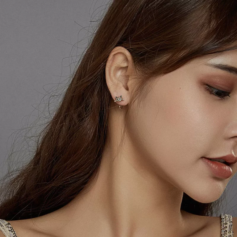 (imagen para) Estilo Pandora Plata Lindos Pendientes de Aro con Gato - SCE965 - Ver 6